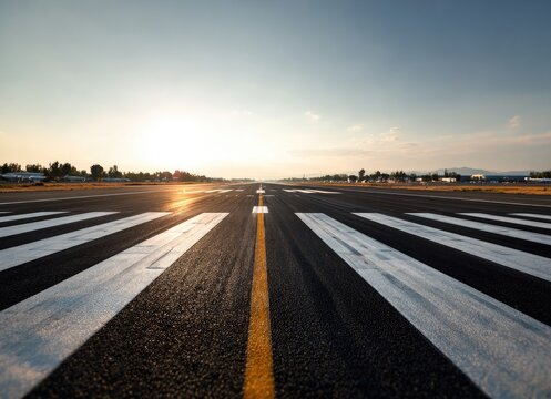 Empty runway at sunset.  Perspective shot of tarmac,  marking lines, and horizon.  Sunrise/sunset light on the expanse