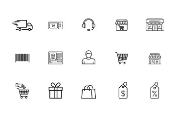 E-commerce Line Icons: A set of 16 minimalist line icons representing key aspects of e-commerce, including delivery, payment, customer service, online stores, and shopping.