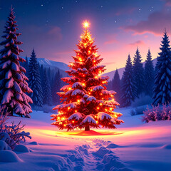 Luminous christmas tree in snowy forest