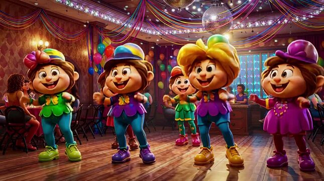 Playful cartoon-style characters dancing in a colorful party scene