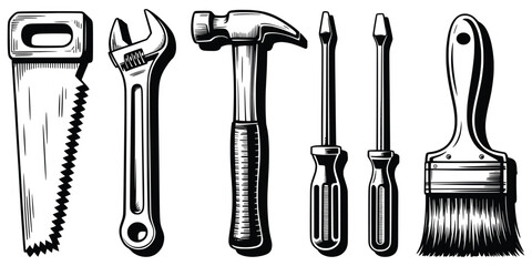 Hand Tool Vector Set, Vintage Saw, Wrench, Hammer, Screwdrivers, Paintbrush Illustration.