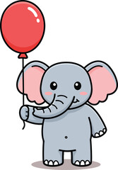 A cute cartoon elephant standing holding a red balloon on a white background with black outline art