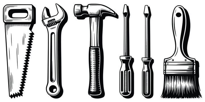 Hand Tool Vector Set, Vintage Saw, Wrench, Hammer, Screwdrivers, Paintbrush Illustration.