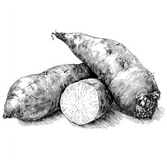 Detailed ink drawing of two whole and one halved sweet potatoes