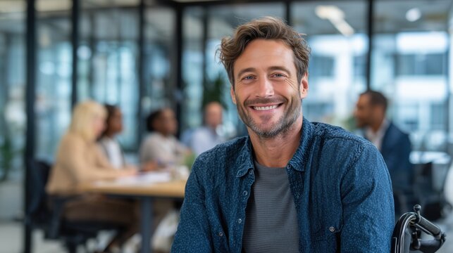 Young man in a wheelchair smiling while joining colleagues in a modern office meeting, large glass windows, natural daylight, inclusive professional atmosphere - Powered by Adobe