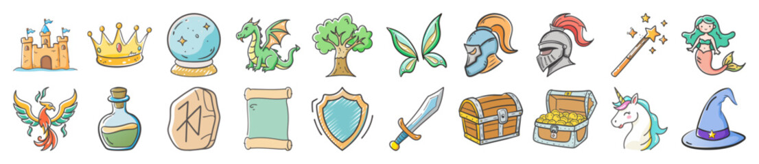 Fantasy and magic doodle icons collection - Hand-drawn doodle icons representing fantasy and magic themes including dragons, knights, wizards, potions, treasure, castles, unicorns, 