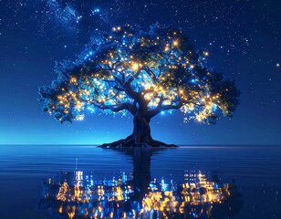 Luminous tree on water at night