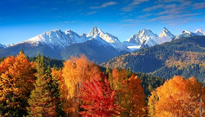 cartoon mountain range with snow capped peaks and colorful autumn trees below