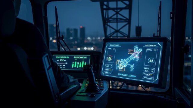 Nighttime view inside crane cabin illuminated by AI dashboard lights that signal proximity warnings and safe lifting parameters.