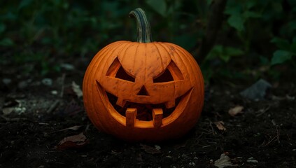 Labu Halloween berwarna oranye diukir di tanah, suasana malam seram dengan bulan purnama.