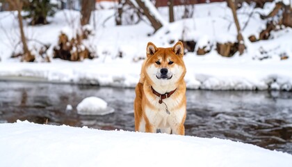 A Shiba Inu in snowy winter scene