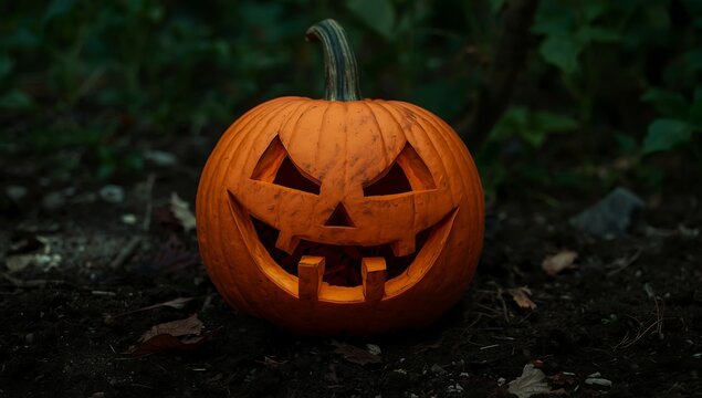 Labu Halloween berwarna oranye diukir di tanah, suasana malam seram dengan bulan purnama.