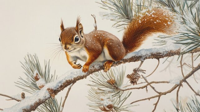 A curious red squirrel balancing effortlessly on a thin branch surrounded by lightly snow-dusted pine needles - Powered by Adobe