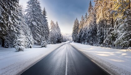 scenic winter landscape serene empty road among snowy forest trees