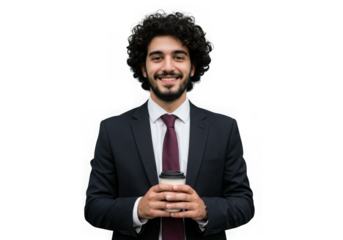 Smiling businessman holding coffee cup isolated on transparent background