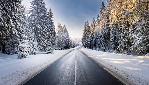 scenic winter landscape serene empty road among snowy forest trees - Powered by Adobe