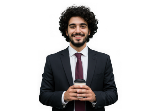 Smiling businessman holding coffee cup isolated on transparent background