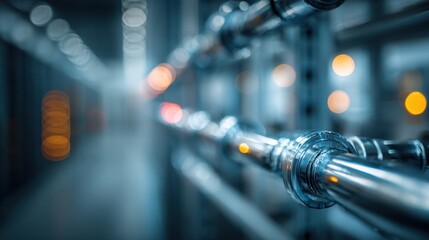 Medium shot of a liquid cooling manifold system highlighted in sharp detail with the rest of the data center environment faded into a soft bokeh.