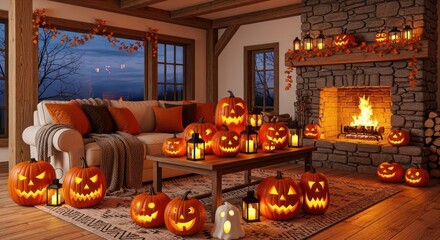 Celebrate a cozy Halloween in a rustic living room with glowing jack o lanterns and autumnal decor