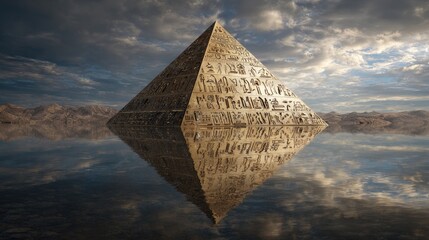 Golden pyramid reflected in still water, ancient symbols