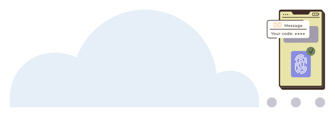 Smartphone displaying fingerprint scanner and message notification with authentication code. Ideal for security, privacy, access control, digital identity, authentication, mobile apps, secure