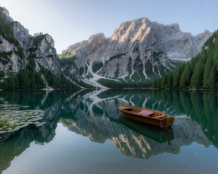 Wooden Rowboat on Calm Alpine Lake with Mountain Reflection Keywords: lake, water, boat, wooden