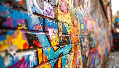 Obraz premium Close-up of a vibrant brick wall covered in colorful graffiti art