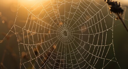 Obraz premium Macro shot of a dew-covered spiderweb illuminated by the golden rays of the rising sun