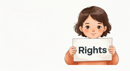 Young child holding a sign that reads 'Rights' for International Human Rights Day  