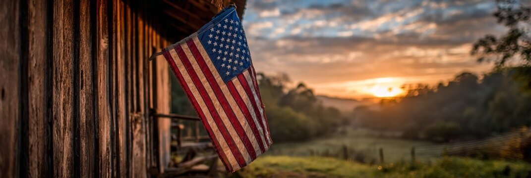 Patriotic barn scene with U.S. flag, sunrise, and rolling green landscape conveying national pride