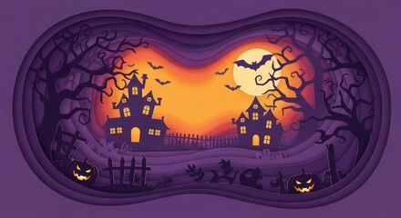 Obraz premium Paper Cut Halloween Landscape with Haunted Houses, Pumpkins, and Bats