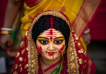 Obraz premium Red sindoor powder smeared on Durga idol’s forehead