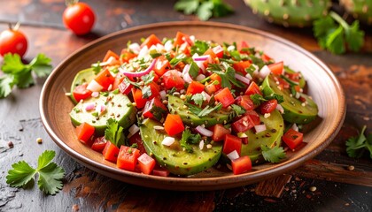 Mexican Nopalitos Salad with Tomatoes and Cilantro. Healthy Vegetarian Food