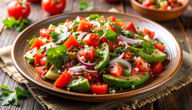 Mexican Nopalitos Salad with Tomatoes and Cilantro. Healthy Vegetarian Food