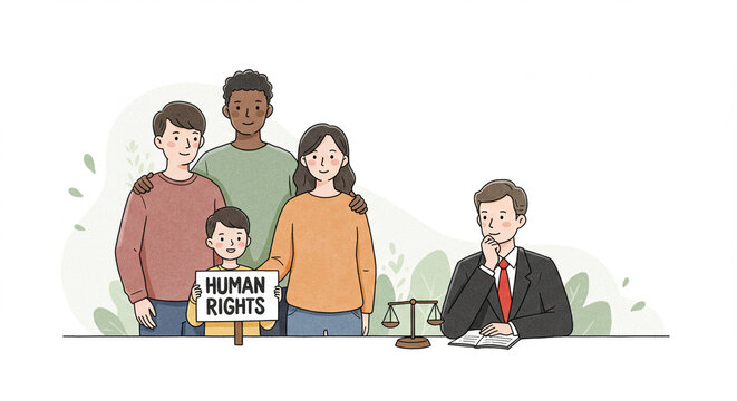 Family with human rights lawyer holding sign for International Human Rights Day   - Powered by Adobe