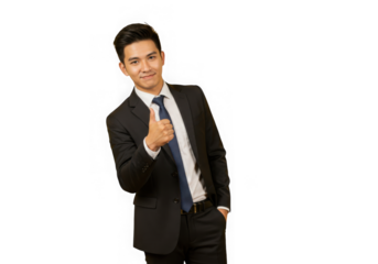 Young businessman giving a thumbs up gesture isolated on transparent background