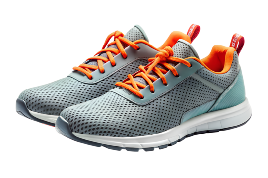 A pair of gray and blue running shoes with orange laces isolated on transparent background, ideal for sports and fitness activities