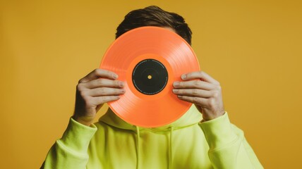 Fototapeta premium Vinyl Record Face: A person holds a vinyl record, covering their face, standing against a bold orange background, creating a vibrant and artistic scene.