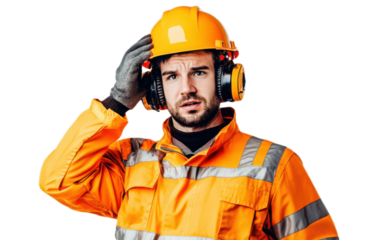 Construction worker in orange on transparent background, png