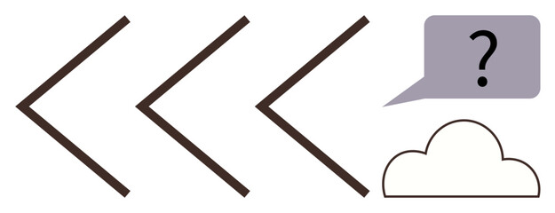 Three backward arrows pointing to a cloud with a question mark in a speech bubble. Ideal for decision-making, reflection, uncertainty, reevaluation, brainstorming, exploring, navigation. Simple flat