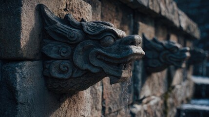 Stone dragon heads carved into a weathered stone wall