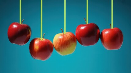 Floating Apples: A captivating assortment of fresh, vibrant red apples hang suspended mid-air, each showcasing its unique hue and form, creating a modern food still life.