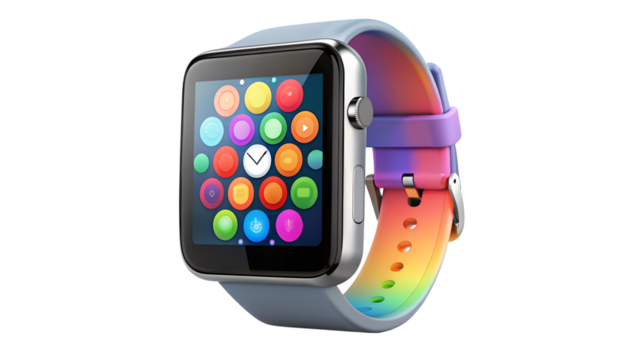 Modern smartwatch with colorful rainbow band isolated on transparent background, showcasing its sleek design and advanced technology for mobile communication
