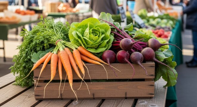Fresh vegetables at a market carrots, beets, and lettuce