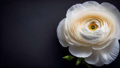 elegant and heartfelt sympathy card design with a white ranunculus flower on a dark background and generous copy space