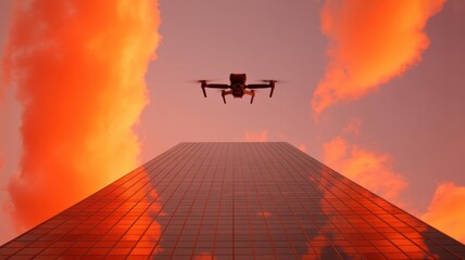 Drone Flight above Modern Architecture: A lone drone navigates the skies above a sleek, modern skyscraper, its silhouette a testament to technological advancement against a vibrant.