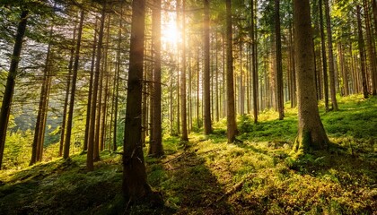 Obraz premium sunlight shining through tall green trees in forest with bright and peaceful atmosphere