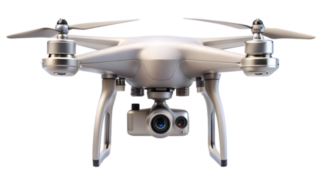 Silver drone with camera isolated on transparent background, showcasing its sleek design and advanced technology for aerial photography and exploration