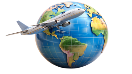 An airplane soaring around the globe, isolated on transparent background, symbolizing international travel, global connectivity, and the spirit of adventure
