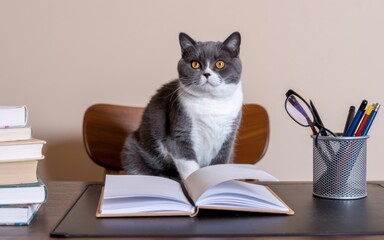 The Cat Scholar: A domestic cat perches attentively before an open book on a desk, surrounded by stationery, books, and academic equipment in a cute, fun scene